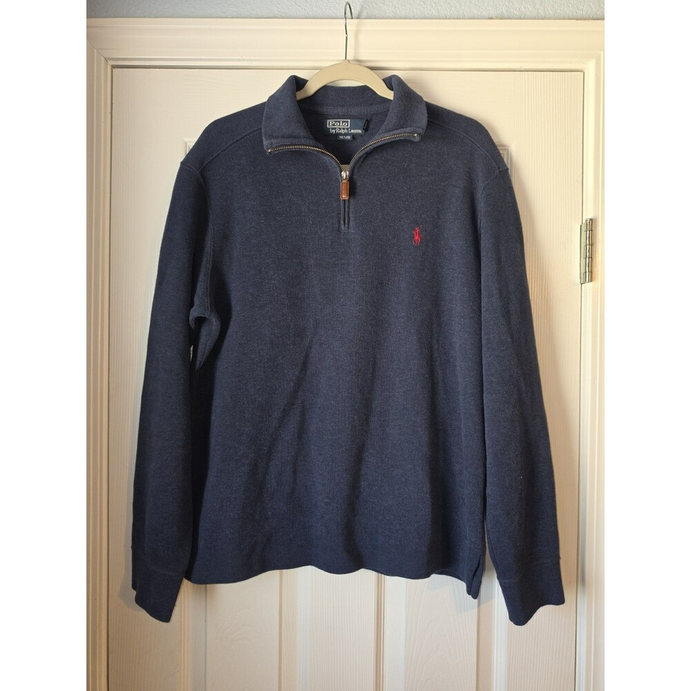 Men's Polo Ralph Lauren Sweater Medium Blue Red Pony 1/4 Zip Pullover